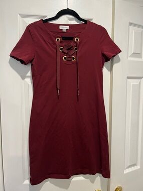 Calvin Klein Burgundy Lace-Up Short Sleeve Dress